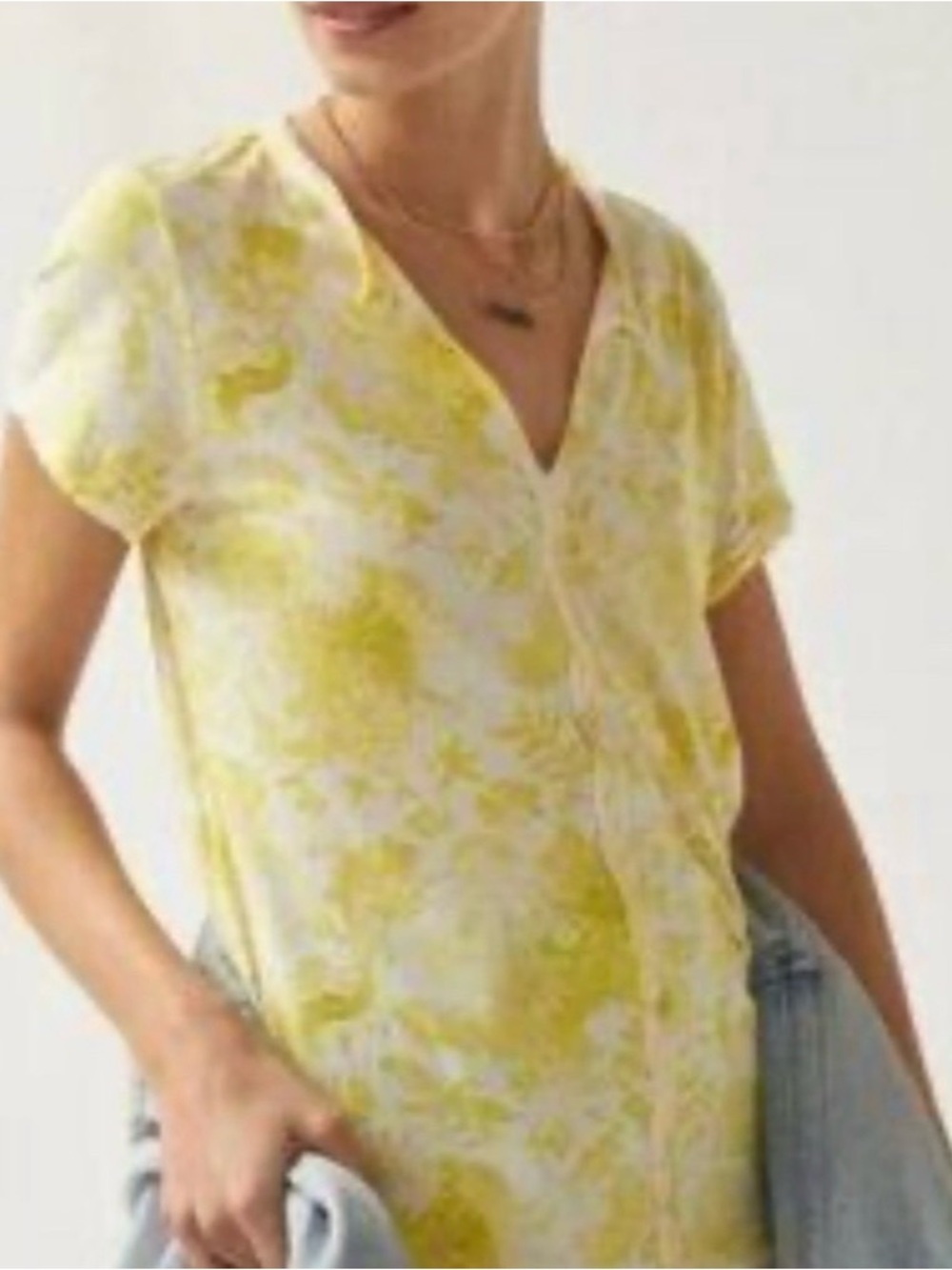 Pilcro by Anthropologie Yellow White Floral Spliced V-neck T-shirt Size Small